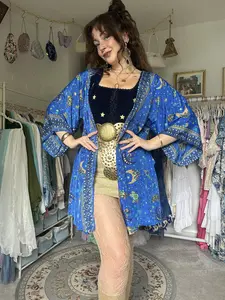 Vintage Celestial Silk Short Kimono with Pocket - Lightweight Boho Cardigan Silhouette - Handmade Short Bathrobe - Fabric, Comfort Boho Boho Cardigan
