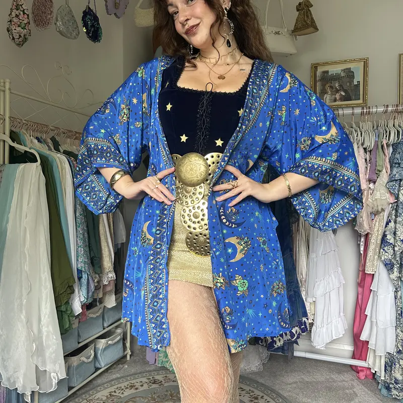 Women's Vintage Celestial Short Kimono Cardigan - Soft Silk-Viscose Plant-Based Fabric, Chic Loose Style Loungewear with Pocket, Aesthetic Lightweight Boho Flowy Top