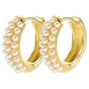 Stately Steel Half Small Faux Pearl Hoop Earrings