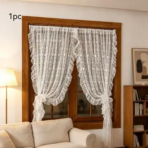 1 Piece French Jacquard Short Curtain | Rustic Floral Gauze Curtain | Wave Edge White Gauze | Small Bedroom Bay Window Curtain | Creamy Soft Rustic Jacquard Style Semi-Transparent Soft Light · No-Drill Small Short Curtain