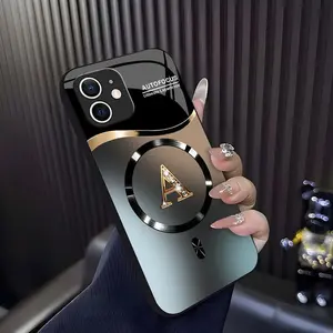 Suitable for [iPhone 12] high-end MagSafe phone case🥰, Features a magnetic attachment function Luxury Gradient Metallic Bling Rhinestone 26 Initial 952