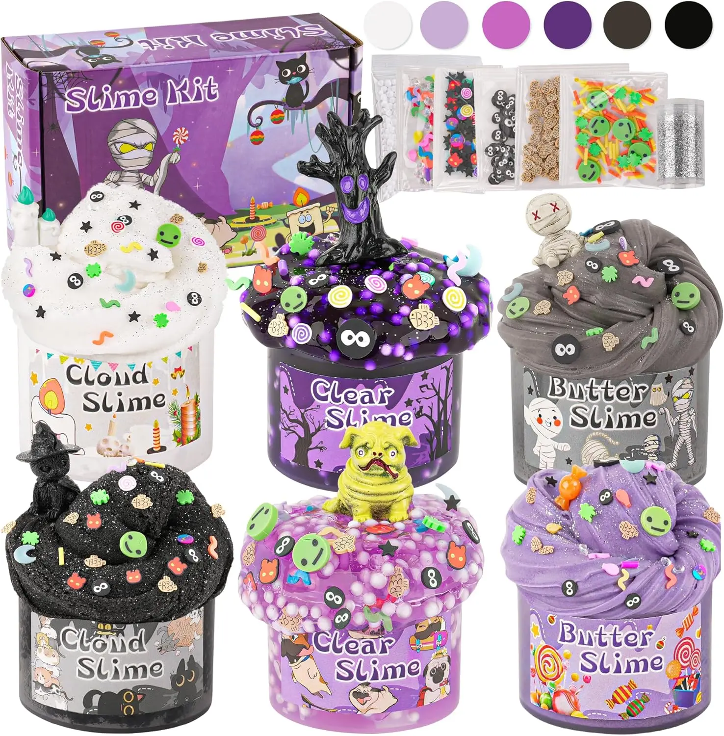 6-Pack Purple & Black Slime Kit – Cloud, Butter & Clear Slime Set for Girls & Boys Ages 8–12, DIY Slime Making Kit with Mix-Ins, Kids Party Favors, Birthday, Halloween, Christmas & Easter Gift