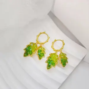 LisiZen Chinese Style Green Zircon Leaf Earrings for Women, Elegant Luxury Jade Branch Design Jewelry DZEH2387