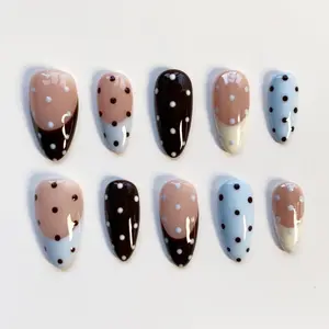 Baby Blue polka dots nails/Cute press on nails long almond nails