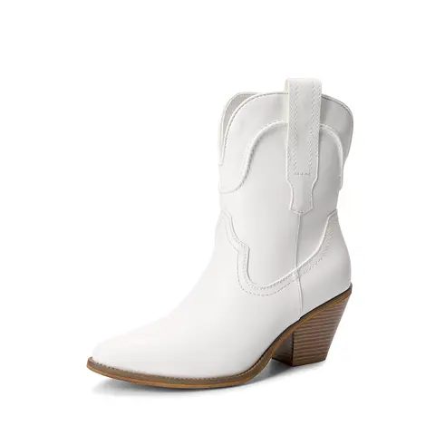 Dream Pairs Women's Soft Classic Western Cowboy Boots - Mid-Calf, 3mm Crease-Resist PU Leather Boot Heels, Pointed Toe, 2.8" Chunky Block Heel, Cowgirl & Outlaw Style, Shoes for Women, Footwear Fashion, Ideal for Party, Casual Wear