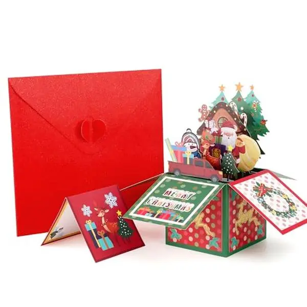 3D Pop Up Christmas Cards, Popup Merry Christmas Greeting Notes With Envelope and Message Tag, Handmade Christmas Card in a Box, Xmas Santa Card Holiday Gift