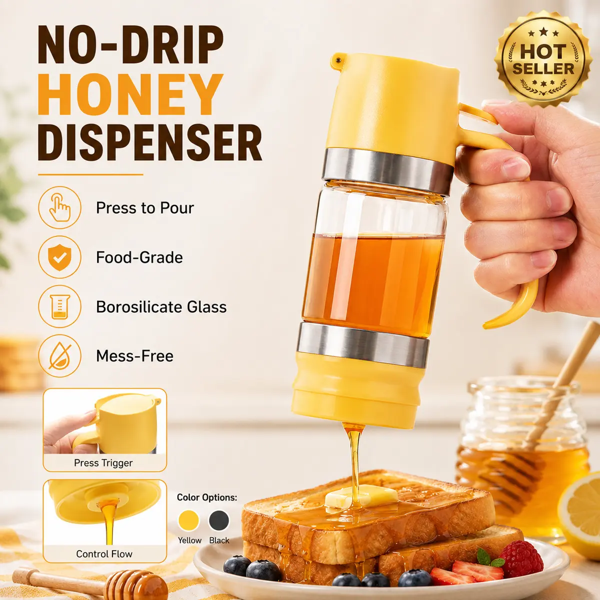 Honey Dispenser Press-Type with Handle, 12oz Syrup Dispenser Bottle for Pancakes, Waffles, Coffee, Tea & Desserts, Easy-Press Refillable Kitchen Condiment Container