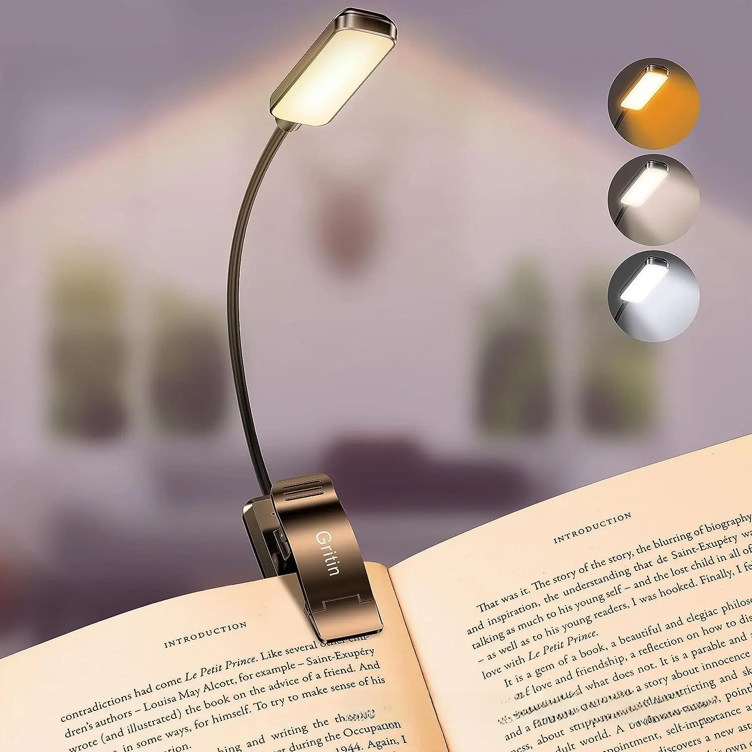 Gritin Plastic 9-LED Book Clip Lamp, Clip-On Reading Light with 3 Brightness Levels for Cozy Night Reading Anywhere Anytime, Led Book Light, Read Anytime, Anywhere
