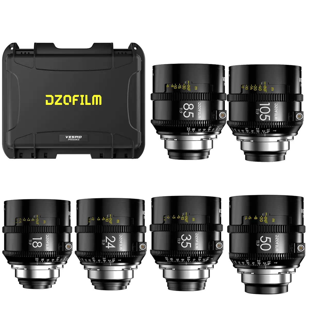 DZOFILM Vespid2 Compact Prime Cinema 6-Lens PL Mount Kit, T1.9 Aperture, Including 18-105mm Range Camera Lenses (18mm,24mm,35mm,50mm,85mm,105mm)
