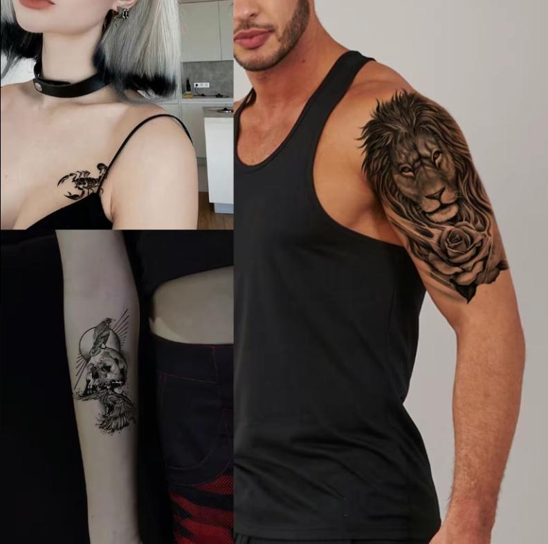 36 Sheets Large Half Arm Sleeve Temporary Tattoos For Men Women Forearm, Tribal Wolf Tiger Lion Owl Skull Temp Halloween Fake Tattoo Stickers Adults, Black Realistic Tattoo Flower Rose Animals