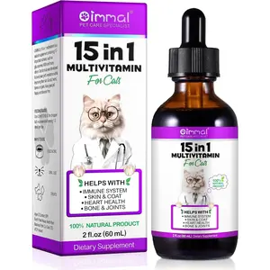 15 in 1 Cat Multivitamin Liquid Drops, Cat Vitamins Supplements with Glucosamine Probiotics, Support Bones Joint Skin & Coat Bladder Immune System, 60ML