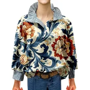 Vintage Floral Blouse Women's 90s Retro Asymmetrical Hemline & Bell Sleeves High-quality Stitching Casual Fitted Top for Classy Outfits & Holiday Gifts