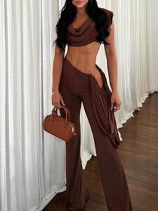 women's solid color crop top & trouser set, lady casual fashion cozy two-piece outfits for daily outdoor wear, 2 piece sets women, women clothes for summer, co-ord sets for women, womenswear, cropped essential sets, matching sets, lounge sets