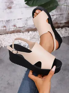 Fish Mouth Wedge Sandals, Open Toe Design, Unique Arc Cutout, Adjustable Metal Buckle Strap, Breathable Ankle Fit Women