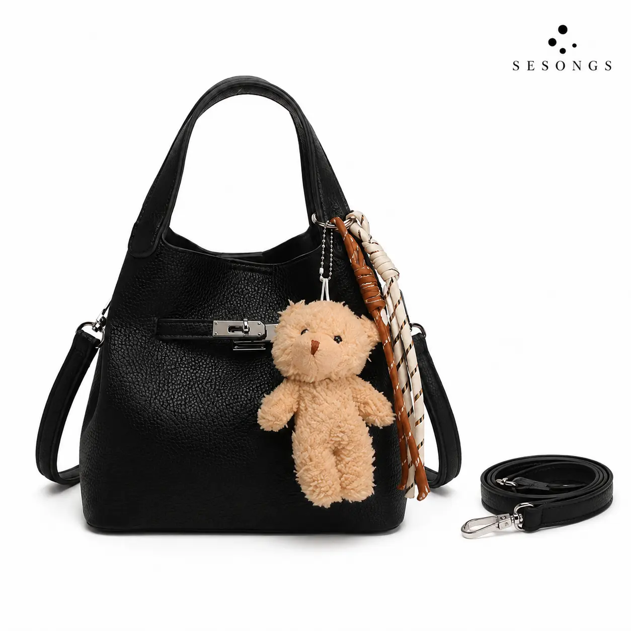 SESONGS Women's Small Handbag with Teddy Bear Charm, Top Handle Purse, Detachable Shoulder Strap, Cute Crossbody Bag