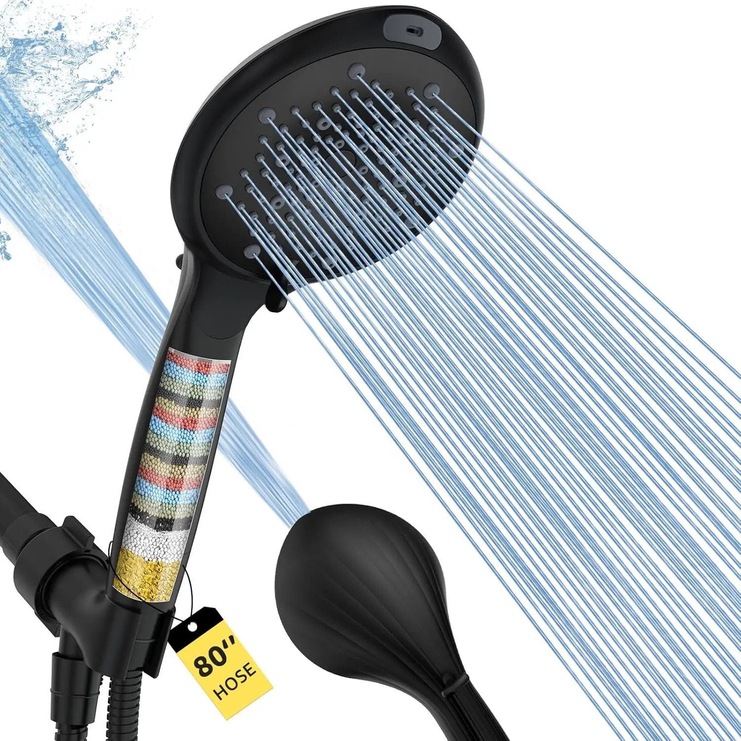 Filtered Shower  with Handheld, High  8-Mode Handheld Showerhead with Filters for Hard Water -Remove Chlorine, Built-in Power Wash, 80" Long Hose & Adjustable Bracket, Black
