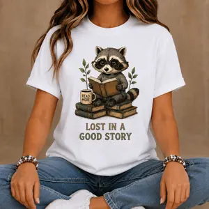 Cute Raccoon Book Lover Graphic Tee, Lost In A Good Story Print Plus Size T Shirt, Casual Short Sleeve Crewneck Top, Reader Gift Shirt