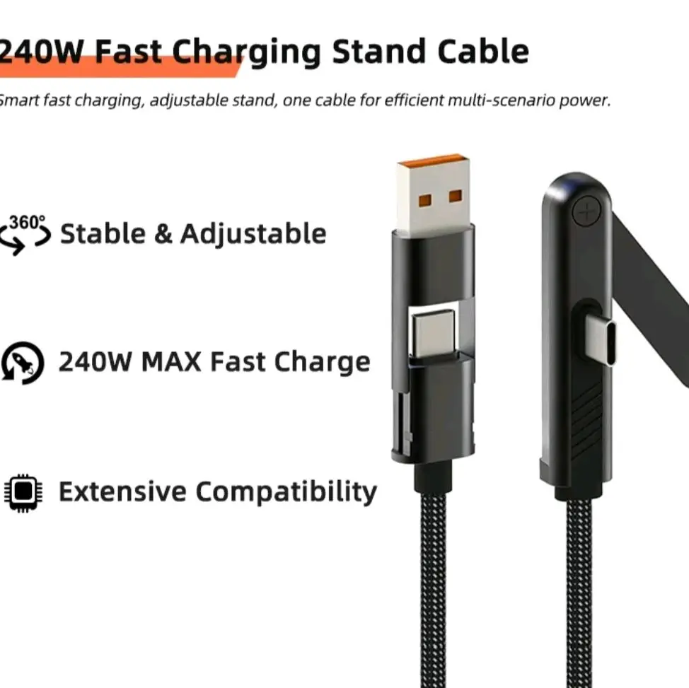 240W Fast Charging Cable with 2-in-1 Invisible Phone Stand Holder, 90° Right-Angle Plug, Adjustable USB-A to Type-C Connection, Compatible with iPhones, MacBooks, iPads, Samsung Galaxy Devices