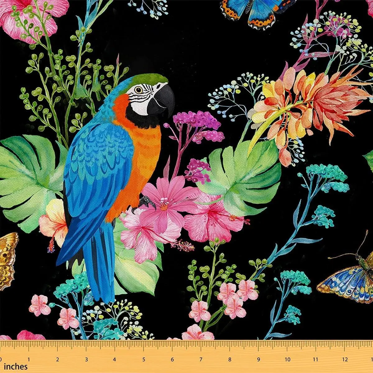 Wild Parrot Fabric Pink Flower Palm Leaf Plant DIY Craft Hobby Fabric Blue Bird Butterfly Animals Decorative Fabric Soft Flannel Polyester No Stretch