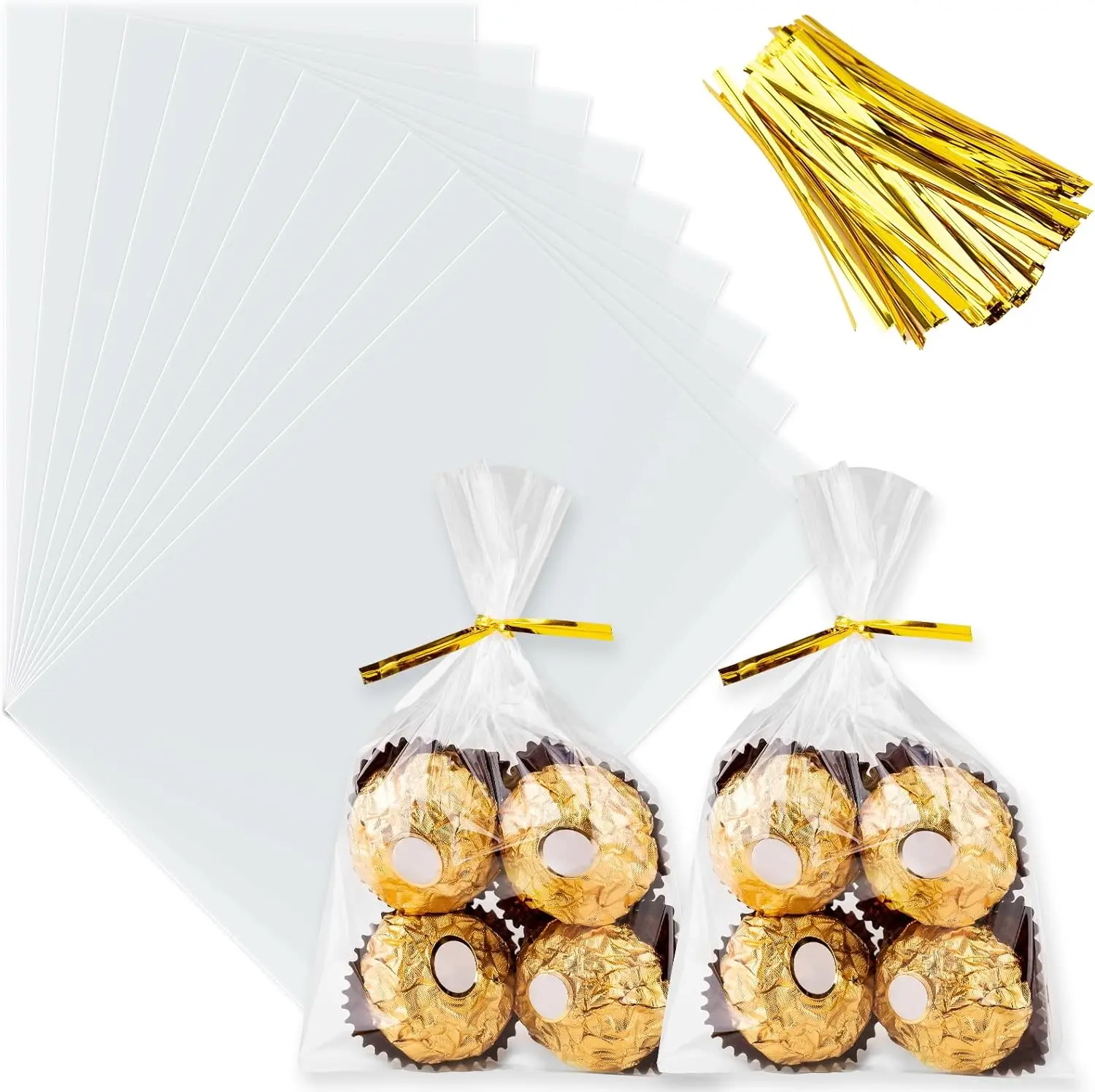 Cellophane Bags, 100 Pcs 4x6 Inch Cellophane Treat Bags with Color Twist Ties, Clear Plastic Goodie Cello Treat Candy Bags for Cookies, Popcorn, Small Gift Wrapping, Party Favors