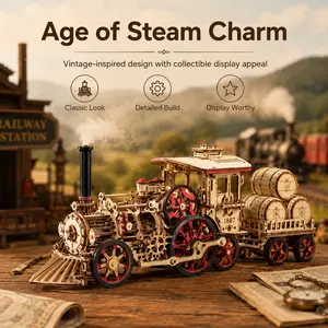 ROKR Battery-Powered Steam Engine 3D Wooden Puzzle - Motorized Vintage Model with 3-Speed Control, Trailer, DIY Interactive Desk Decor for Adults, Engineering Enthusiasts, Puzzles
