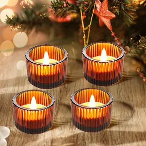 Amber Glass Votive Candle Holders Bulk Set of 4, Small Tealight Holders for Wedding Table Centerpieces & Home Decor