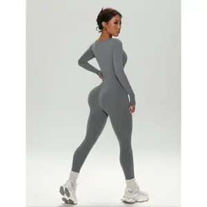 Women's autumn and winter knitted ribbed U-neck long sleeved jumpsuit, sporty and comfortable jumpsuitRAIMENTRY