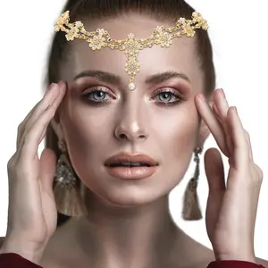 Head Chain  Head Rhinestone Head  Wedding Headband Chain Head Bohemian Style Rhinestone Headband Diamond Head Chain Hair Accessories for Women Girls Hair Decoration (Gold)