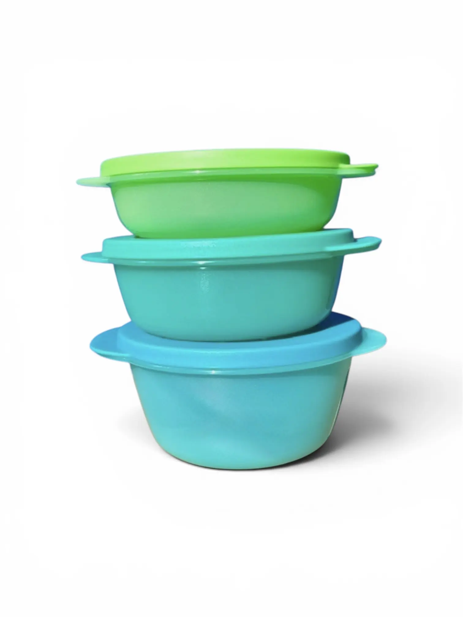 Crystal-wave round 3 piece stackable plastic kitchen food storage containers set, blue 800ml, teal 600ml, and green 400ml - with lids, microwave-safe,