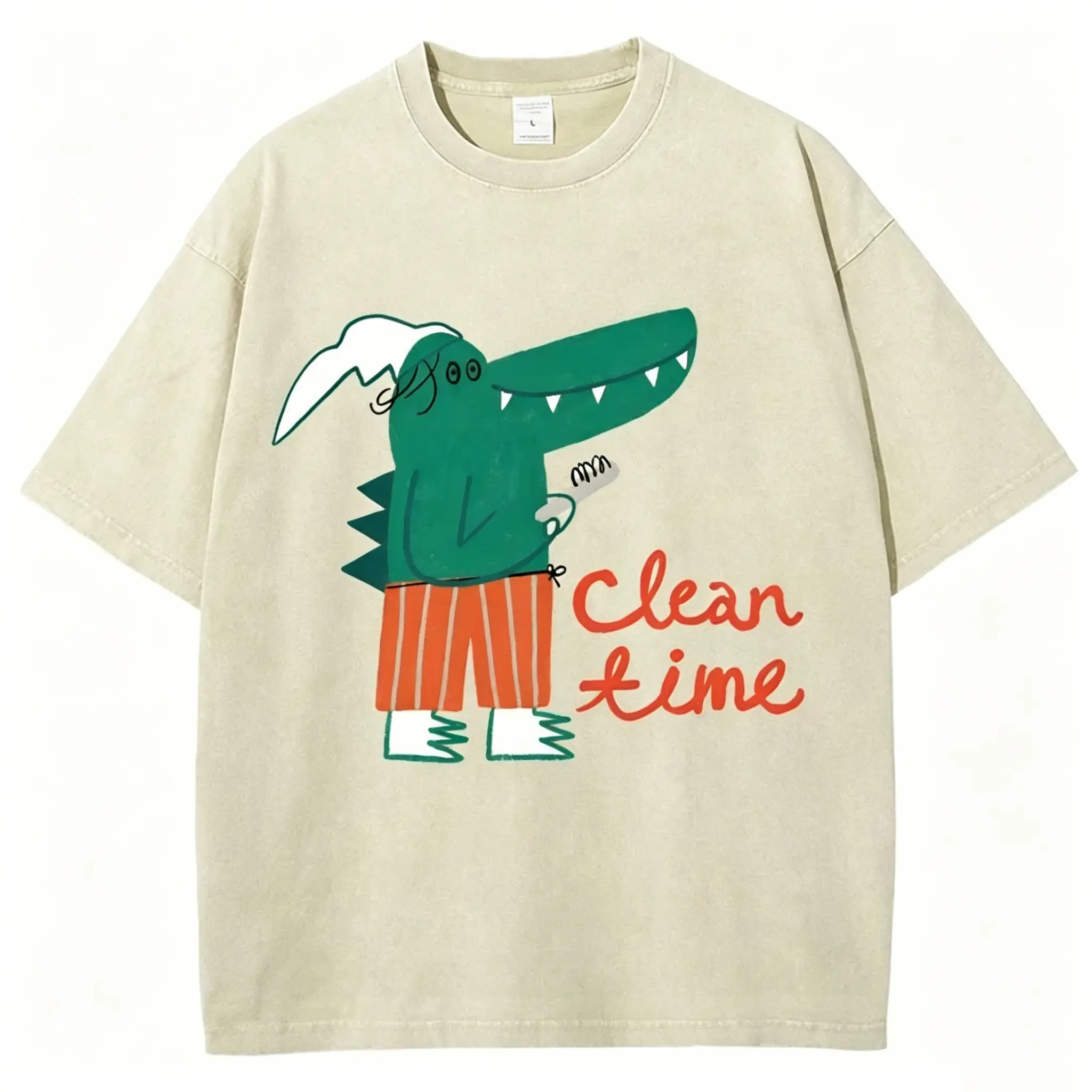 Clean Time Crocodile T-shirt, Unisex Casual Cotton Comfort Shirt, Vintage Crew Neck Acid Washed Oversized Drop Shoulder Heavyweight T-shirt, Baggy Workout Tops Short Sleeve Shirt Original