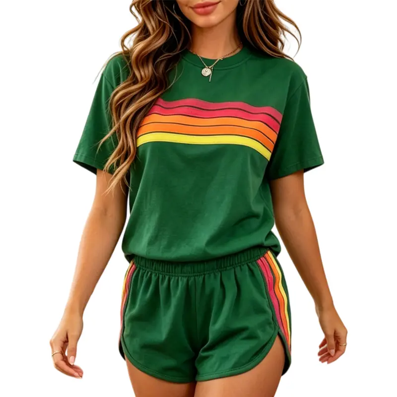 Women's Cute Trendy 2-Piece Stripe Retro Rainbow Color-Block Loungewear Set,Soft Stretch Elastane Short Sleeve Crew Neck Tee & Pocket Shorts, Regular Fit, Soft Stretchy Breathable Retro Chic Dopamine Dressing Loungewear for Summer Vacation