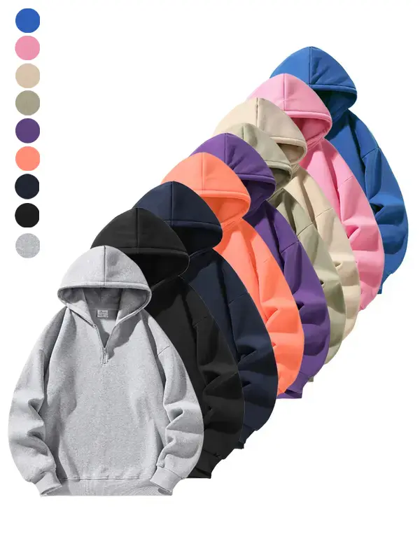 Men's Half-Zip Hooded Long Sleeve Matching Sweatshirt - Sport-Inspired Neutral Frontzip Menswear, Autumn Winter Plain Soft Polyester, Medium Length Outdoor Casual Sports Tops, Standard Sizes, Couple-Friendly, Sport-Inspired Men's Hoodies
