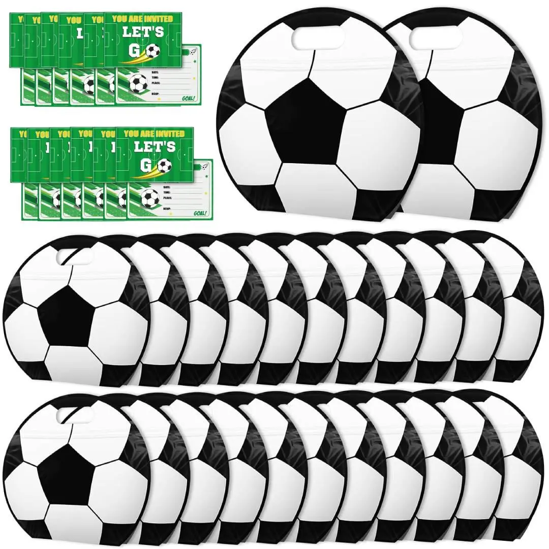 24Pcs Soccer Stand-Up Goodie Bags + 24 Invitation Cards Set, Reusable Sealed Handle Snack Pouches, Sport-Themed Party Favors for Birthday Celebrations, Game Day Supplies, 24Pcs Goodie Bags + 24 Invitation Cards