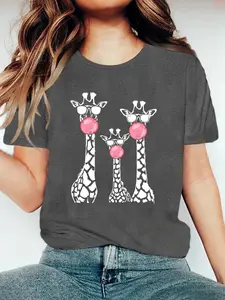 Giraffe Pattern Loose Fit Casual Top, Soft Washable Elastic Round Neck Short Sleeve Shirt, Cute Elegant Fashion Gift for Home Leisure, Womenswear