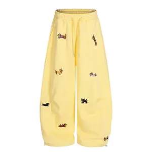 Oversized Wide-Leg Sweatpants with Cute Dog Embroidery - Drawstring Loose-Fit Joggers in Grey, Yellow, Navy
