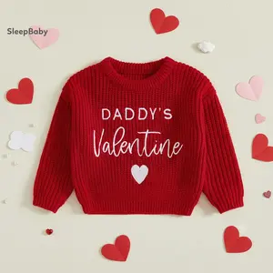 Baby Valentine's Day Sweaters Long Sleeve Round Neck Letter Heart Embroidery Tops Toddler Knit Pullover Unisex Organic Cotton
