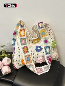 Women's Elegant Floral Woven Beach Tote Bag, Casual Trendy Bag, Fashionable Shopping Bag, Foldable and Portable, Perfect for Beach, School, and Vacation Essentials, Beach Bags