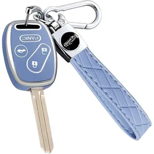New Upgrade Key Fob Cover for Honda with Leather Keychain, Premium TPU Key Case Compatible with Honda 2003-2015 Accord Fit Civic EX CR-V Pilot Ridgeline Element Remote Smart Car Key Protector(4 Buttons Blue)