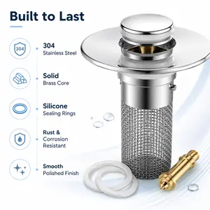 Stainless Steel Pop-Up Sink Stopper, Anti-Odor Bathroom Drain Plug with Brass Core, Universal Sink Strainer for Bathroom & Bathtub Drain