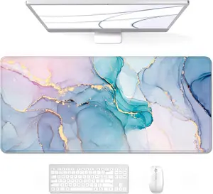Large Gaming Mouse Pad, Marble Theme in Desk Pad Stitched Non-Slip Rubber Long Computer Mousepad Thin Extended Full Size Desk Mat for Desktop Laptop Wireless Mice, Teal Pink