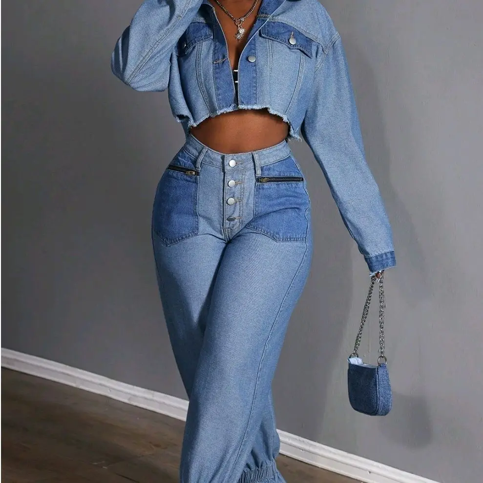 Plus Size Casual Two-Piece Pants Set - Denim Jacket with Ripped Front, Matching Pants, and Top, Ideal for Casual Wear - Womenswear, Clothes, Suits