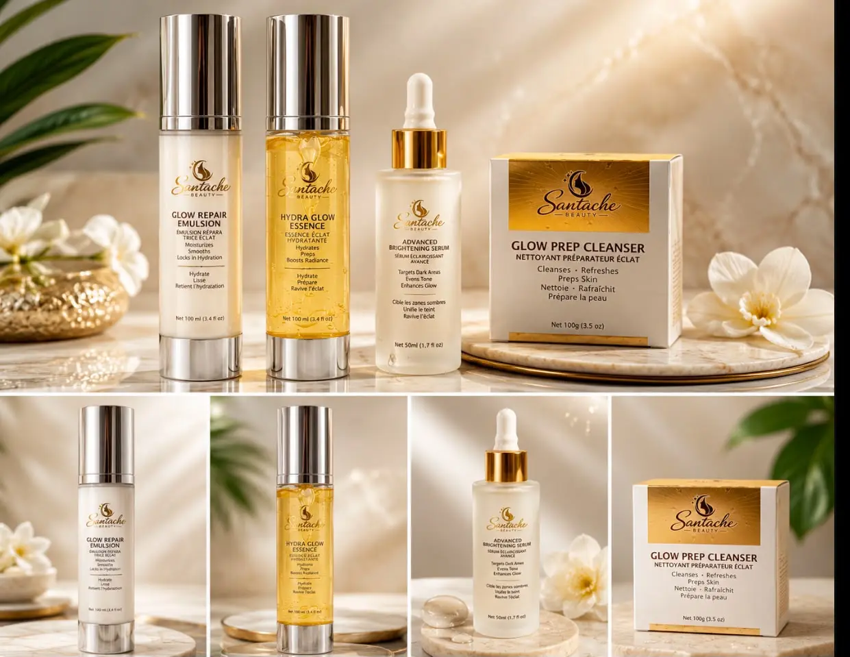Santache Beauty 4-Piece Glow Skincare Set | Cleanser, Hydra Glow Essence, Brightening Serum & Glow Repair Emulsion