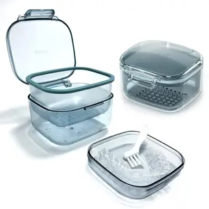 Denture Case,Retainer cup,Three-Layer Separation Retainer Case, Denture Cup , Mouth Guards Holder,Partial Denture Soak Container,Retainer Holder Box Size :3.15*2.08*3.35in(blue)