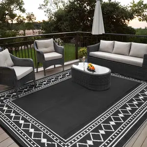 Outdoor Modern Geometric Bordered Large Picnic Mat Lightweight Plastic Straw Rug Waterproof Reversible Portable summer Area Rugs for Garden Backyard Camping Beach - Black & White