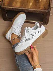 Women's Vintage Silver Color Training Shoes, Versatile Flat Sneakers, Breathable Comfort Anti-Slip Sports Alcan Shoes