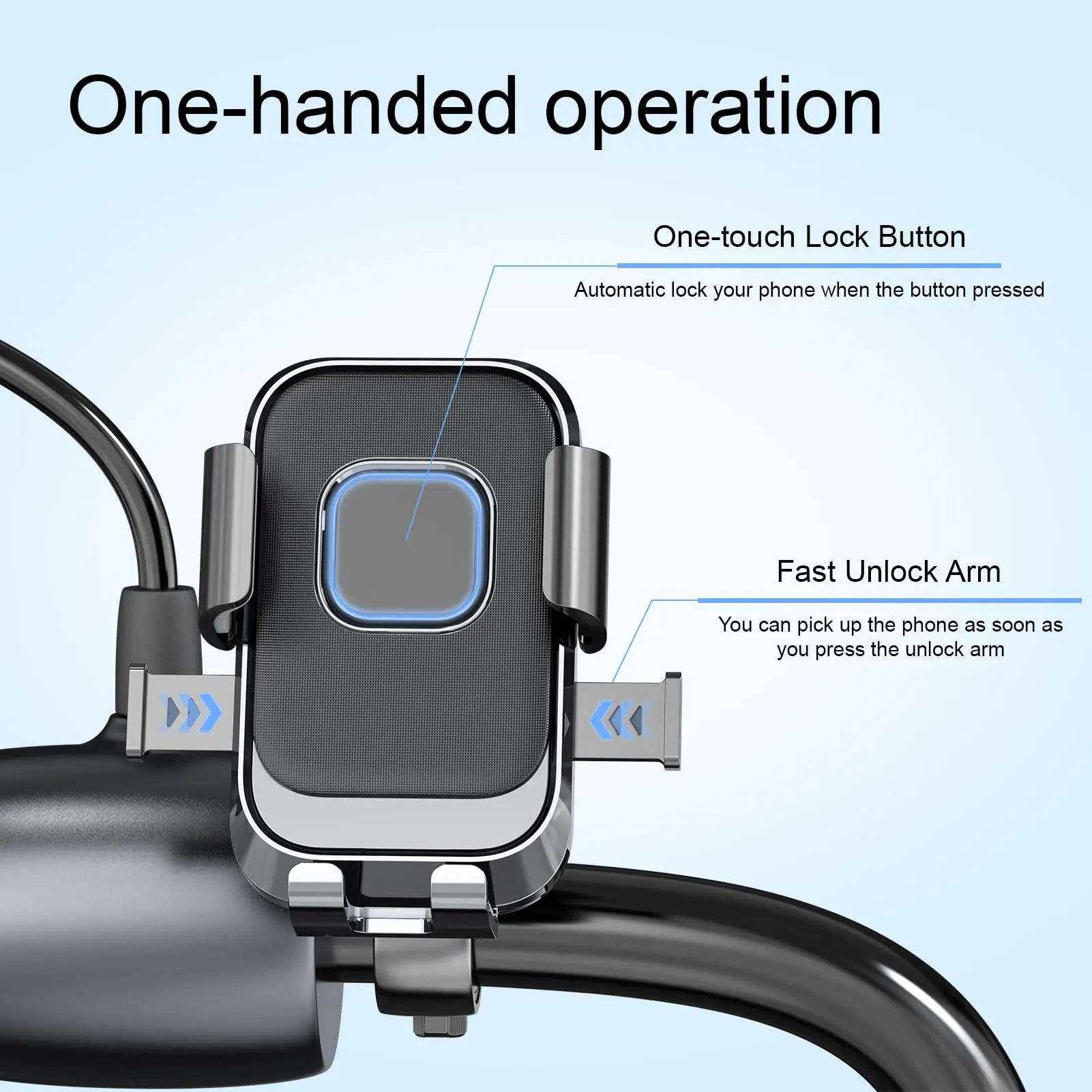 Sleek Handlebar Phone Mount, 360° Rotatable Cellphone Stand with 1-Handed Operation for Motorcycle, ATV, and Bike, Fits 4"-6.9" Devices, Smartphone, One-Handed