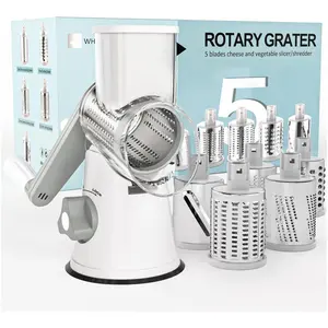 Rotary Cheese Grater Hand Crank Cheese Shredder for Fresh Cheese, Vegetable, Nuts,Non-slip Suction Base, Five Blades, White