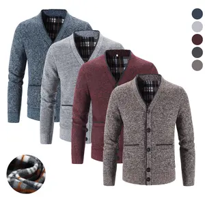 Winter Fleece Lined Knit Button Cardigan Sweater for Middle-aged and Elderly Men - Soft Knit Fabric & Warm Fleece Lining for Dad