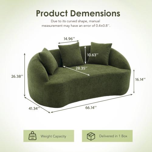 Bellemave LY-025S Curved Loveseat  Full Compression Sponge Sofa, 30D Chenille No-Assembly Compact Sofa for Small Spaces & Apartments, 65"L, 300 lbs, 3 Pillows