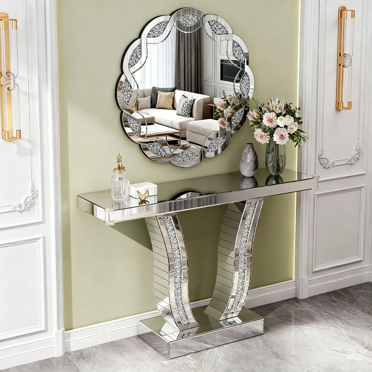 43-Inch Mirrored Console Table - Modern Silver Furniture with Curved Stone-Inlaid Legs, Glam Accent Table for Living Room, Hallway Foyer